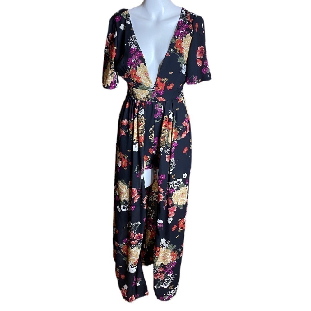 Socialite Black Floral Plunge Neckline Maxi Romper
